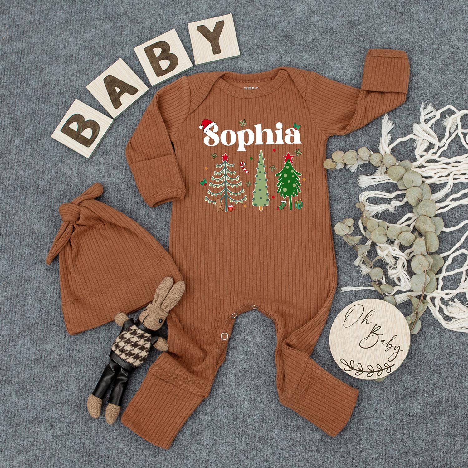 Personalized Christmas Baby Bodysuit Hat Set Custom Name Cute Newborn Holiday Outfit First Xmas Gift Cozy Festive Baby Clothes