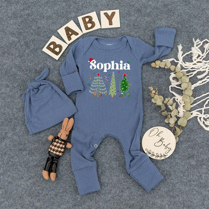 Personalized Christmas Baby Bodysuit Hat Set Custom Name Cute Newborn Holiday Outfit First Xmas Gift Cozy Festive Baby Clothes