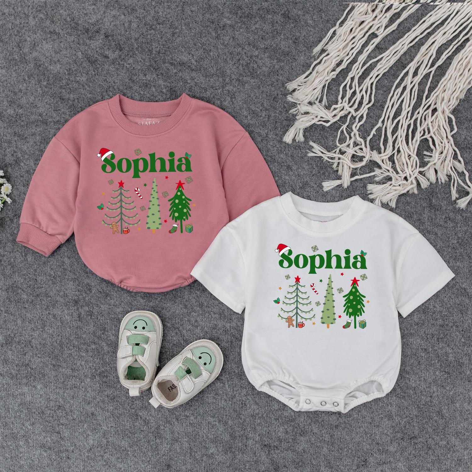 Personalized Sophia Christmas Outfit Baby Girl, Custom Name Holiday Romper & Sweater Set, Festive Xmas Infant Clothes, First Gift