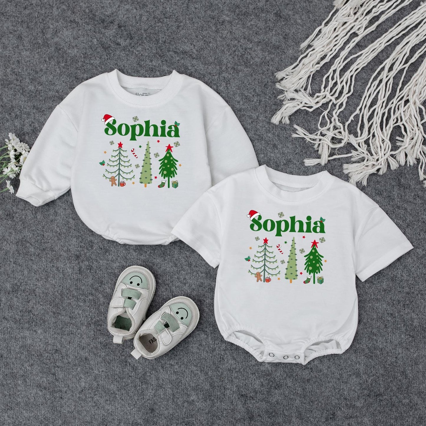 Personalized Sophia Christmas Outfit Baby Girl, Custom Name Holiday Romper & Sweater Set, Festive Xmas Infant Clothes, First Gift