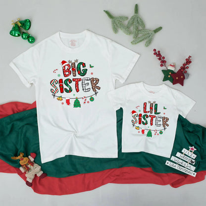 Big Sister Lil Sister Christmas Matching Shirts Retro Holiday Sibling Announcement Gift Cute Baby Tees