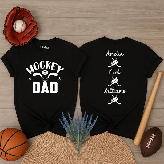 Personalized Hockey Dad Shirt with Kids Names on Back, Custom Hockey Family T-Shirt, Gift for Hockey Player Father, Team Spirit Apparel, Hockey Lover 
