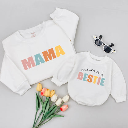 Matching Mama & Me Sweatshirts - Colorful MAMA BESTIE Outfits, Pastel Mom & Daughter Shirts, Unique Mother's Day Gift, Cheerful Mommy and Me Outfit