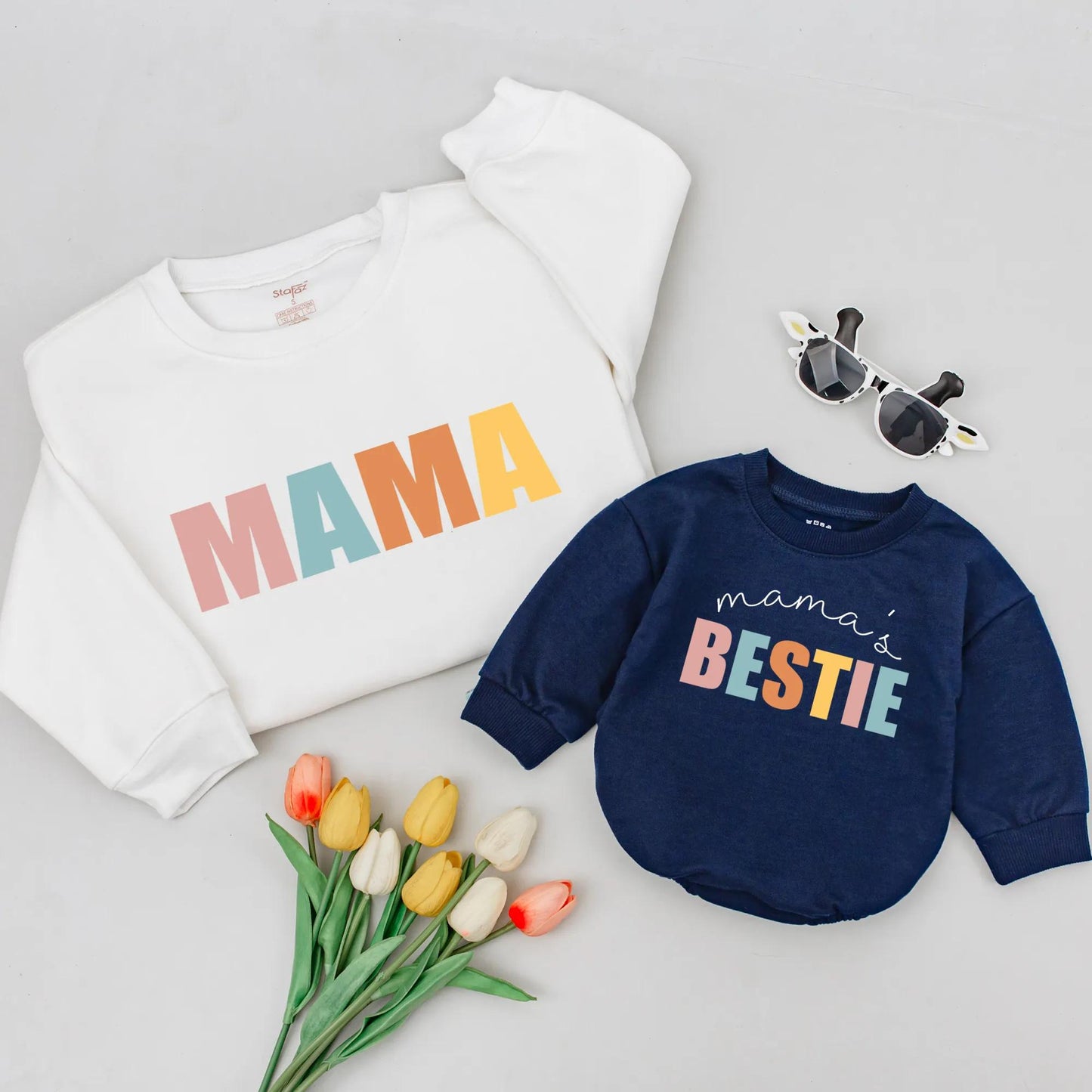 Matching Mama & Me Sweatshirts - Colorful MAMA BESTIE Outfits, Pastel Mom & Daughter Shirts, Unique Mother's Day Gift, Cheerful Mommy and Me Outfit