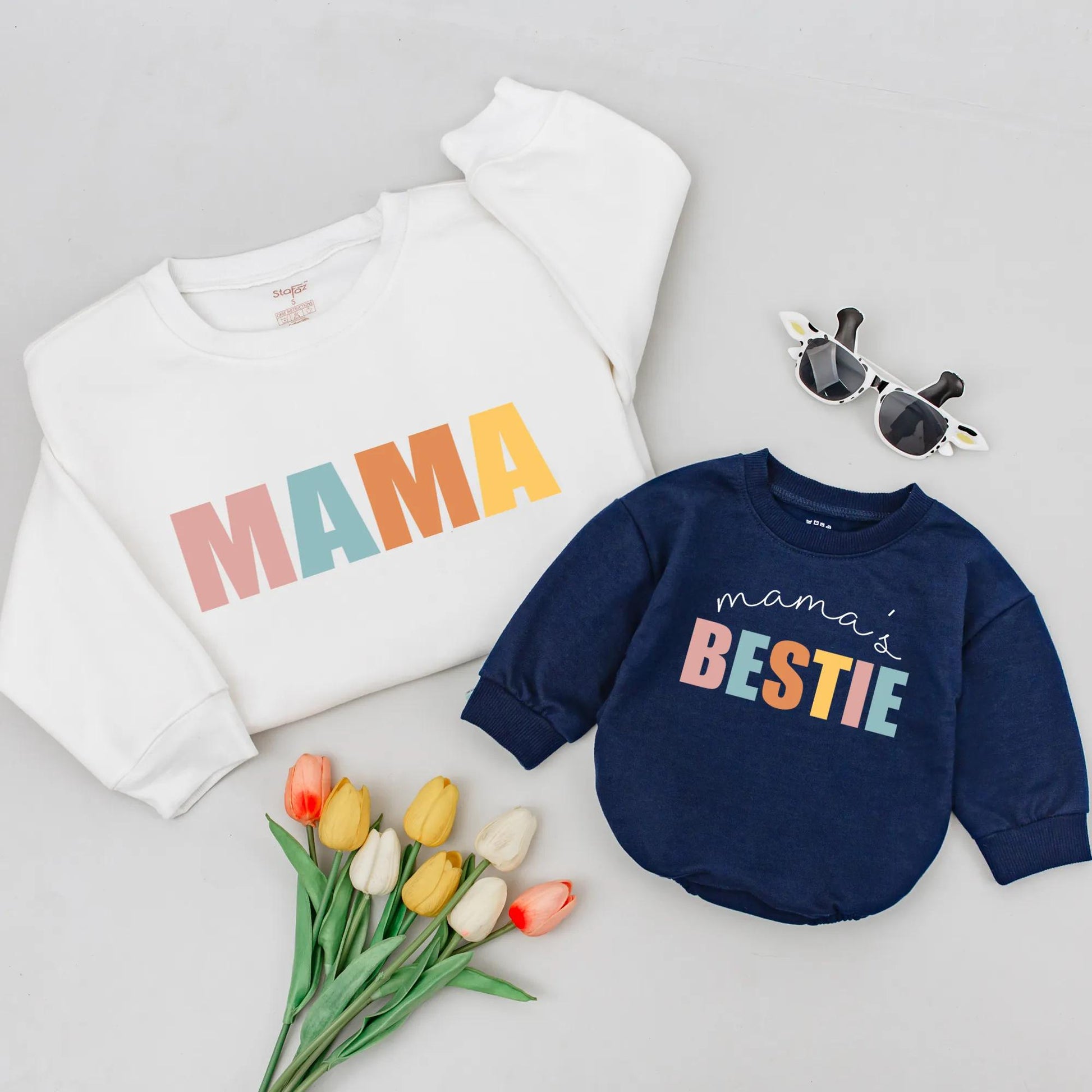 Matching Mama & Me Sweatshirts - Colorful MAMA BESTIE Outfits, Pastel Mom & Daughter Shirts, Unique Mother's Day Gift, Cheerful Mommy and Me Outfit