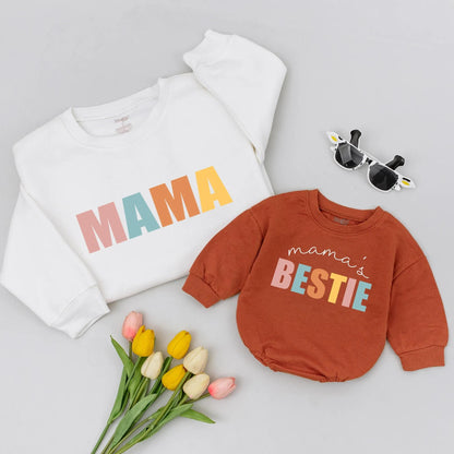 Matching Mama & Me Sweatshirts - Colorful MAMA BESTIE Outfits, Pastel Mom & Daughter Shirts, Unique Mother's Day Gift, Cheerful Mommy and Me Outfit