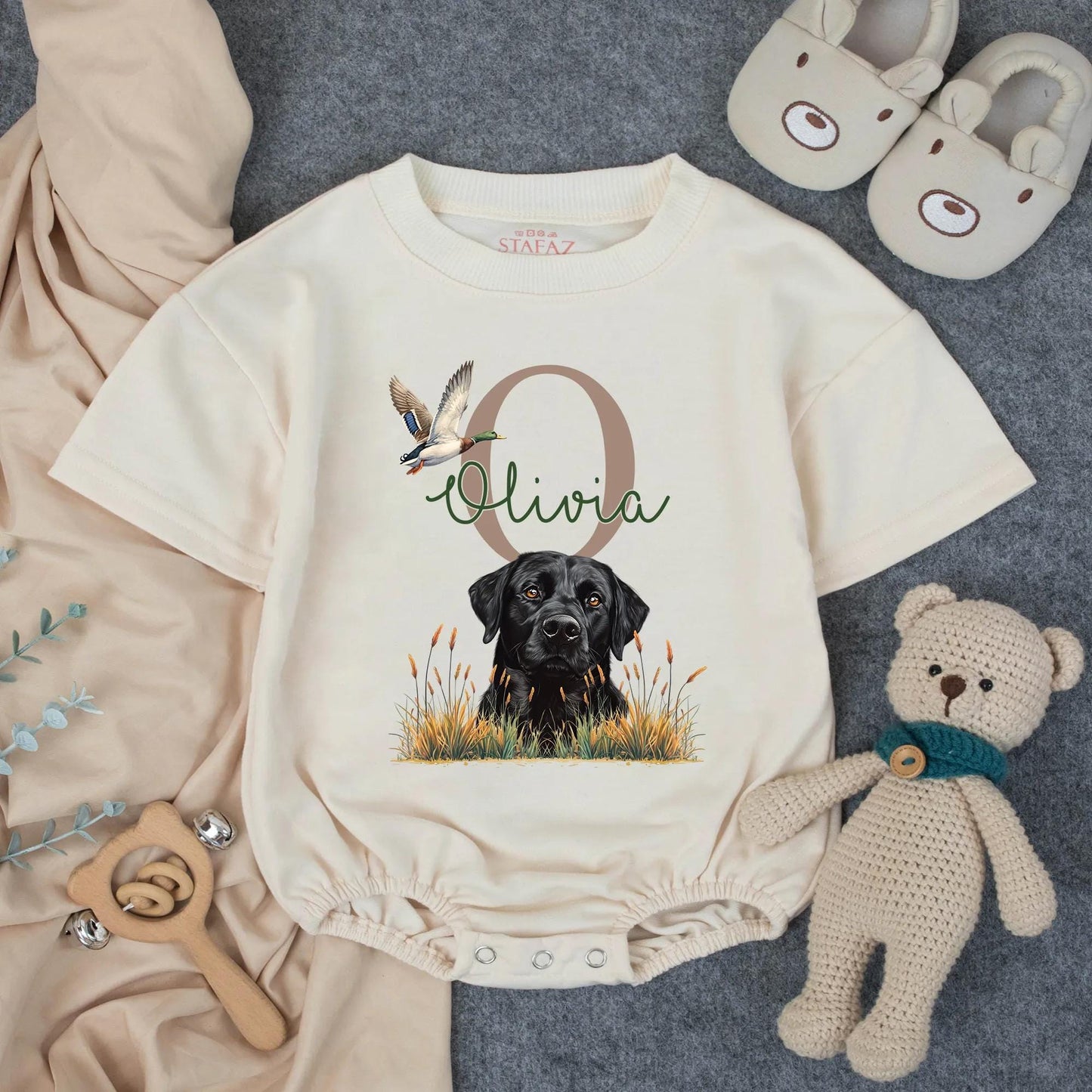 Rustic Black Lab Hunting Outfit Personalized Olivia Name Mallard Duck Baby Bubble Romper Southern Farm Gift
