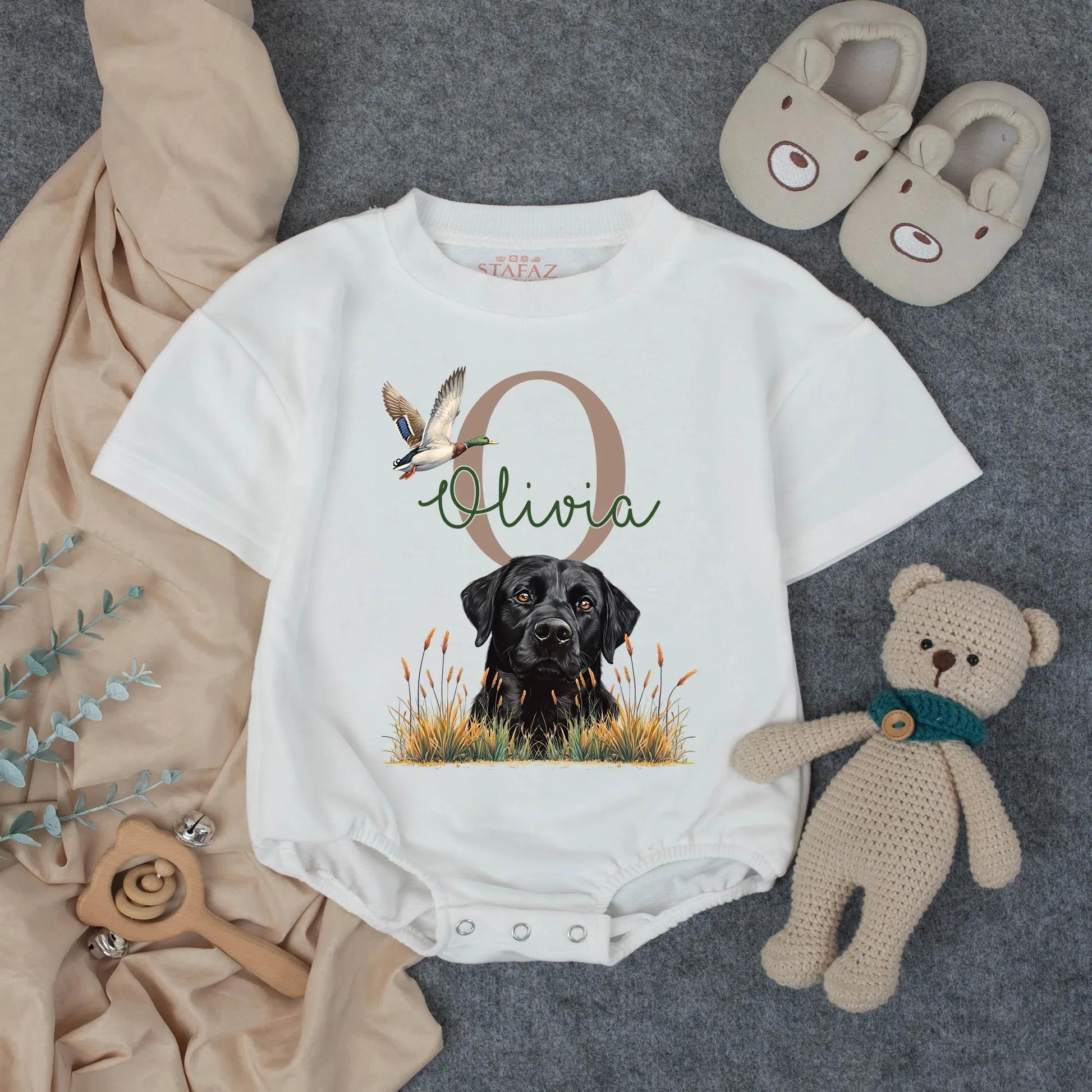 Rustic Black Lab Hunting Outfit Personalized Olivia Name Mallard Duck Baby Bubble Romper Southern Farm Gift