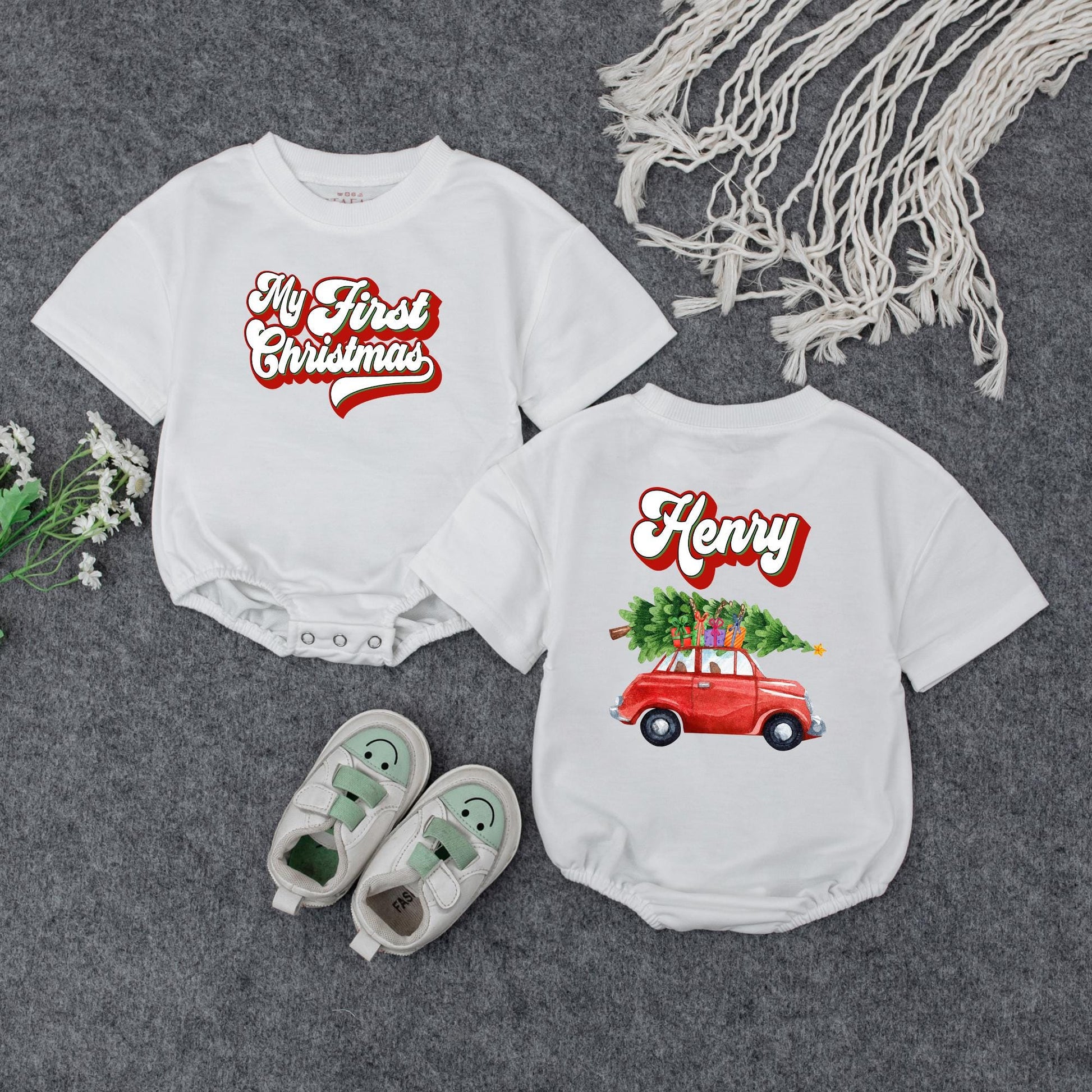 Custom My First Christmas Baby Name Sweatshirt Red Car Tree Design Infant Holiday Outfit Vintage Bubbly Font Festive Newborn Gift