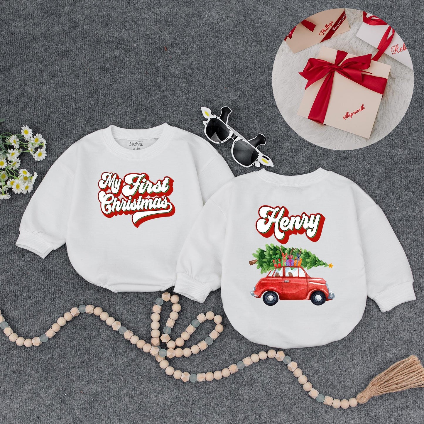 Custom My First Christmas Baby Name Sweatshirt Red Car Tree Design Infant Holiday Outfit Vintage Bubbly Font Festive Newborn Gift