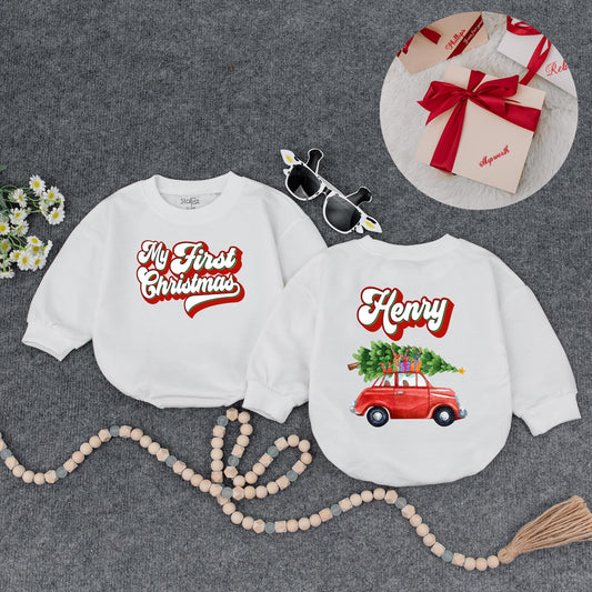 Custom My First Christmas Baby Name Sweatshirt Red Car Tree Design Infant Holiday Outfit Vintage Bubbly Font Festive Newborn Gift