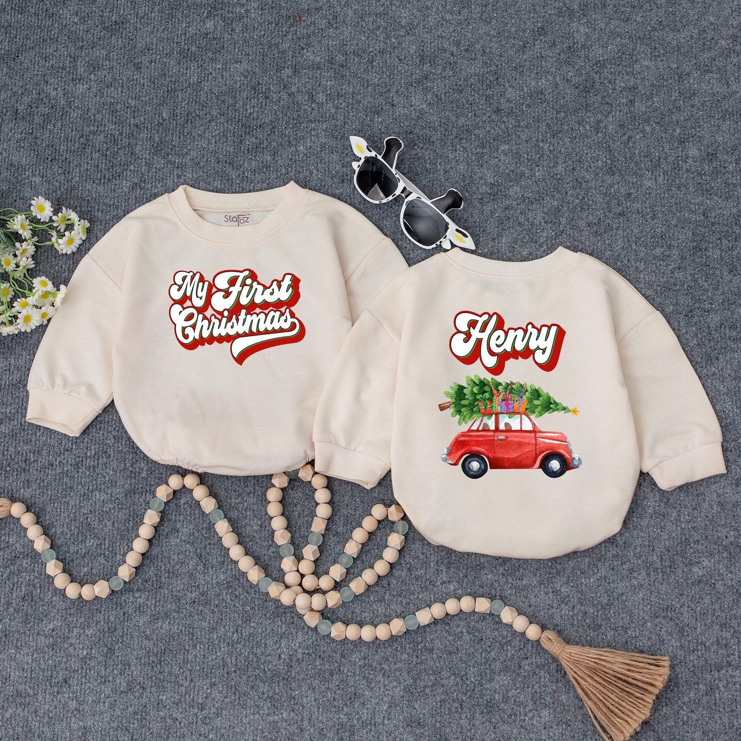 Custom My First Christmas Baby Name Sweatshirt Red Car Tree Design Infant Holiday Outfit Vintage Bubbly Font Festive Newborn Gift