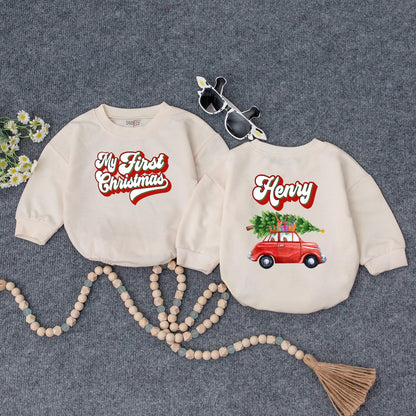 Custom My First Christmas Baby Name Sweatshirt Red Car Tree Design Infant Holiday Outfit Vintage Bubbly Font Festive Newborn Gift