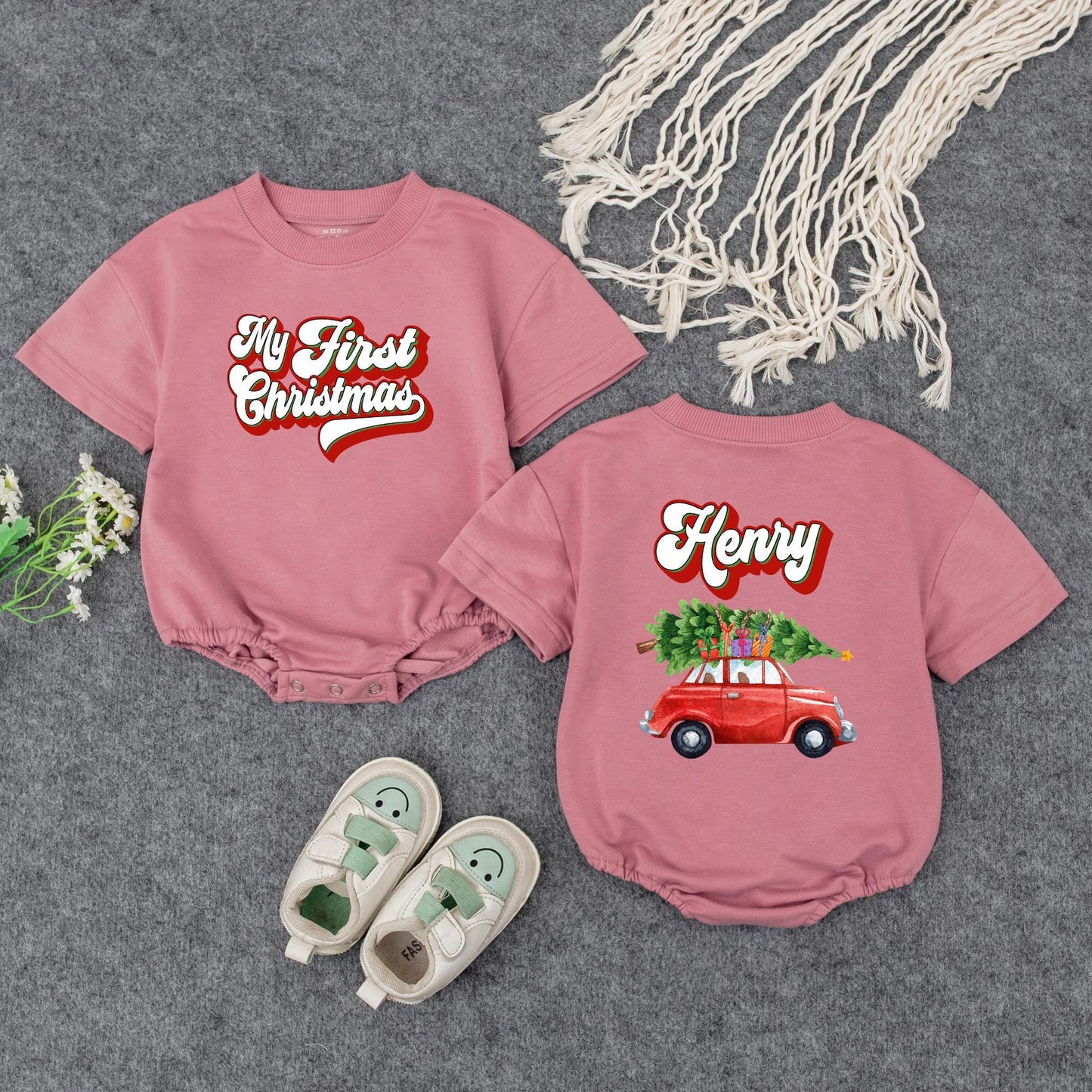 Custom My First Christmas Baby Name Sweatshirt Red Car Tree Design Infant Holiday Outfit Vintage Bubbly Font Festive Newborn Gift