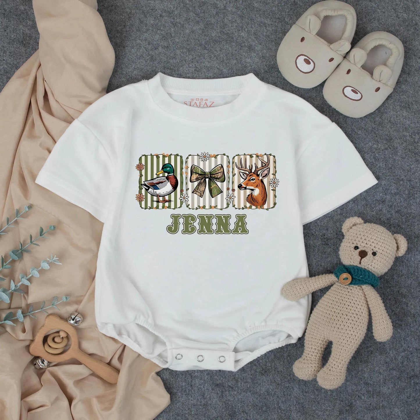 Camo Bow Hunting Girl Romper, Duck Deer Season Outfit, Fall Baby Clothes, Country Toddler Gift, Personalized Available! 130-140 Characters