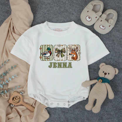 Camo Bow Hunting Girl Romper, Duck Deer Season Outfit, Fall Baby Clothes, Country Toddler Gift, Personalized Available! 130-140 Characters