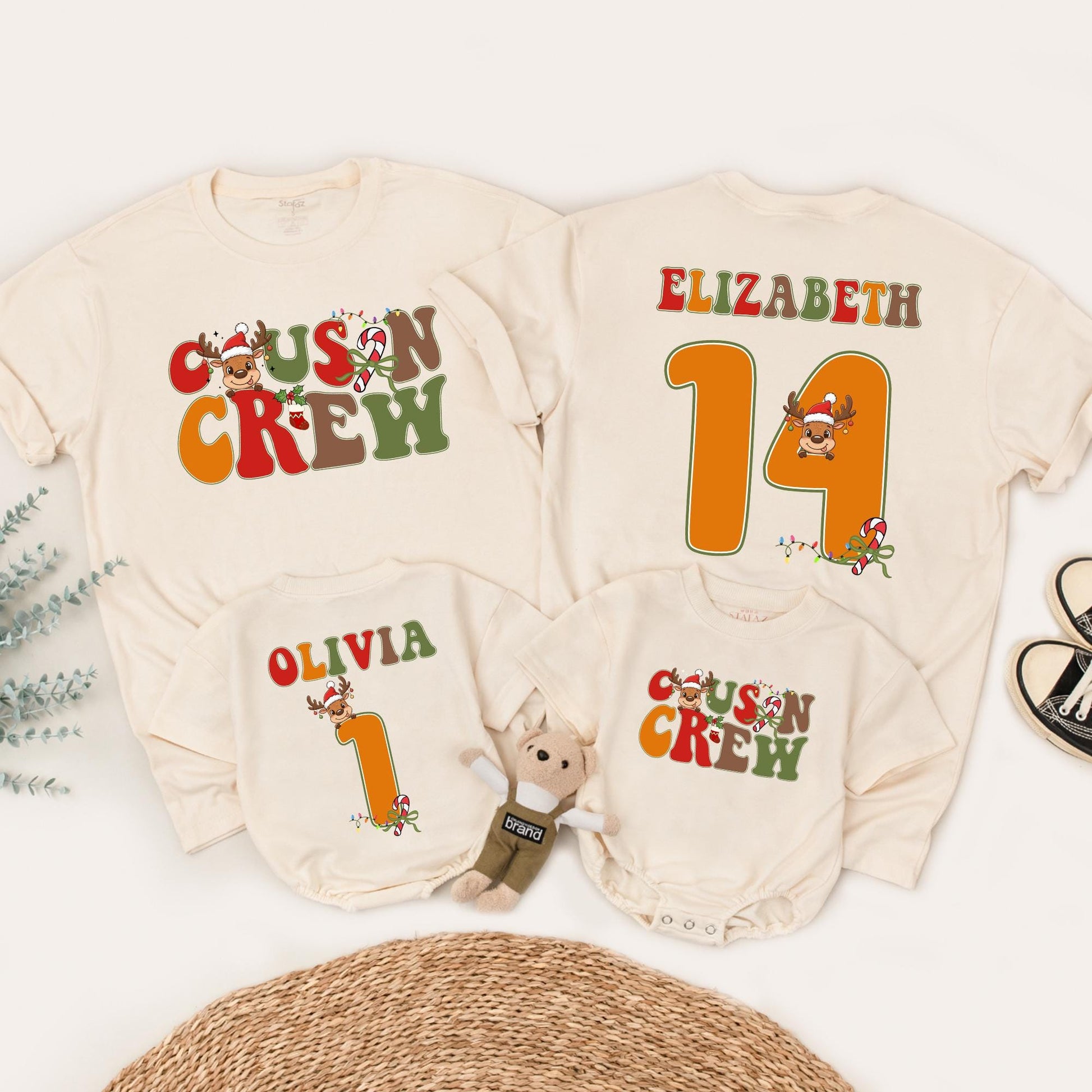 Personalized Cousin Crew Christmas Matching Shirts: Retro Reindeer Family Tees with Custom Names & Numbers - Festive Holiday Reunion Outfits (138 chars)