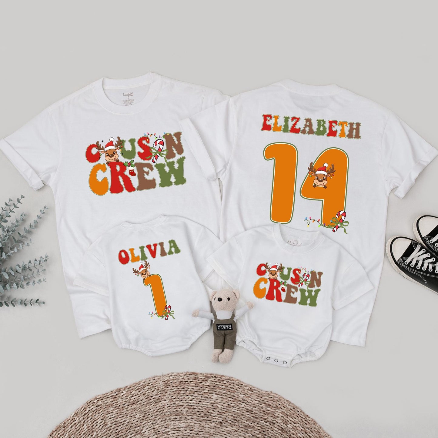 Personalized Cousin Crew Christmas Matching Shirts: Retro Reindeer Family Tees with Custom Names & Numbers - Festive Holiday Reunion Outfits (138 chars)