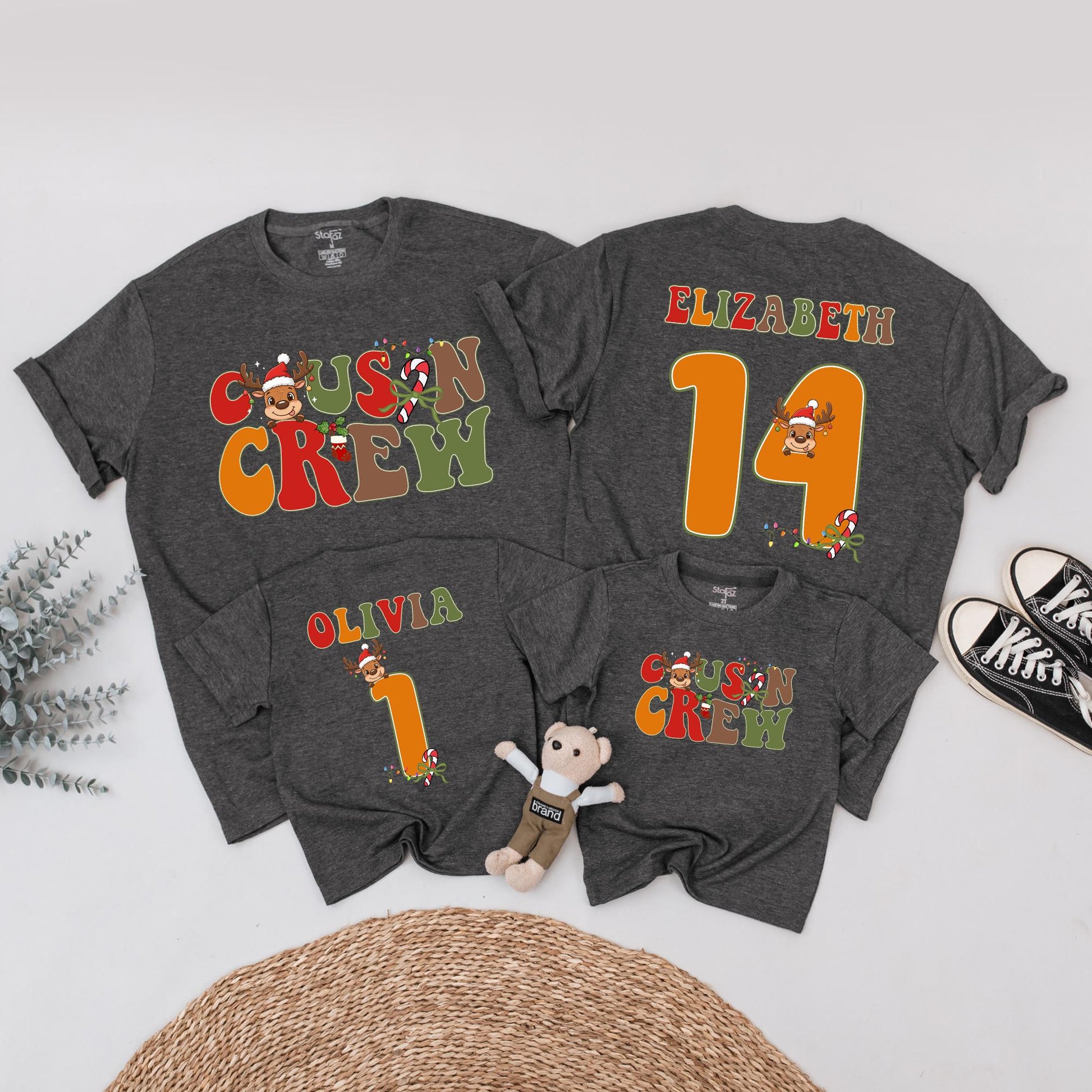 Personalized Cousin Crew Christmas Matching Shirts: Retro Reindeer Family Tees with Custom Names & Numbers - Festive Holiday Reunion Outfits (138 chars)