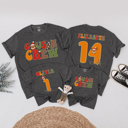 Personalized Cousin Crew Christmas Matching Shirts: Retro Reindeer Family Tees with Custom Names & Numbers - Festive Holiday Reunion Outfits (138 chars)