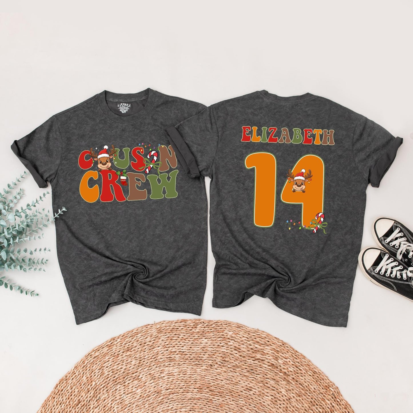 Personalized Cousin Crew Christmas Matching Shirts: Retro Reindeer Family Tees with Custom Names & Numbers - Festive Holiday Reunion Outfits (138 chars)