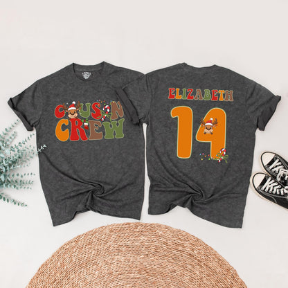 Personalized Cousin Crew Christmas Matching Shirts: Retro Reindeer Family Tees with Custom Names & Numbers - Festive Holiday Reunion Outfits (138 chars)