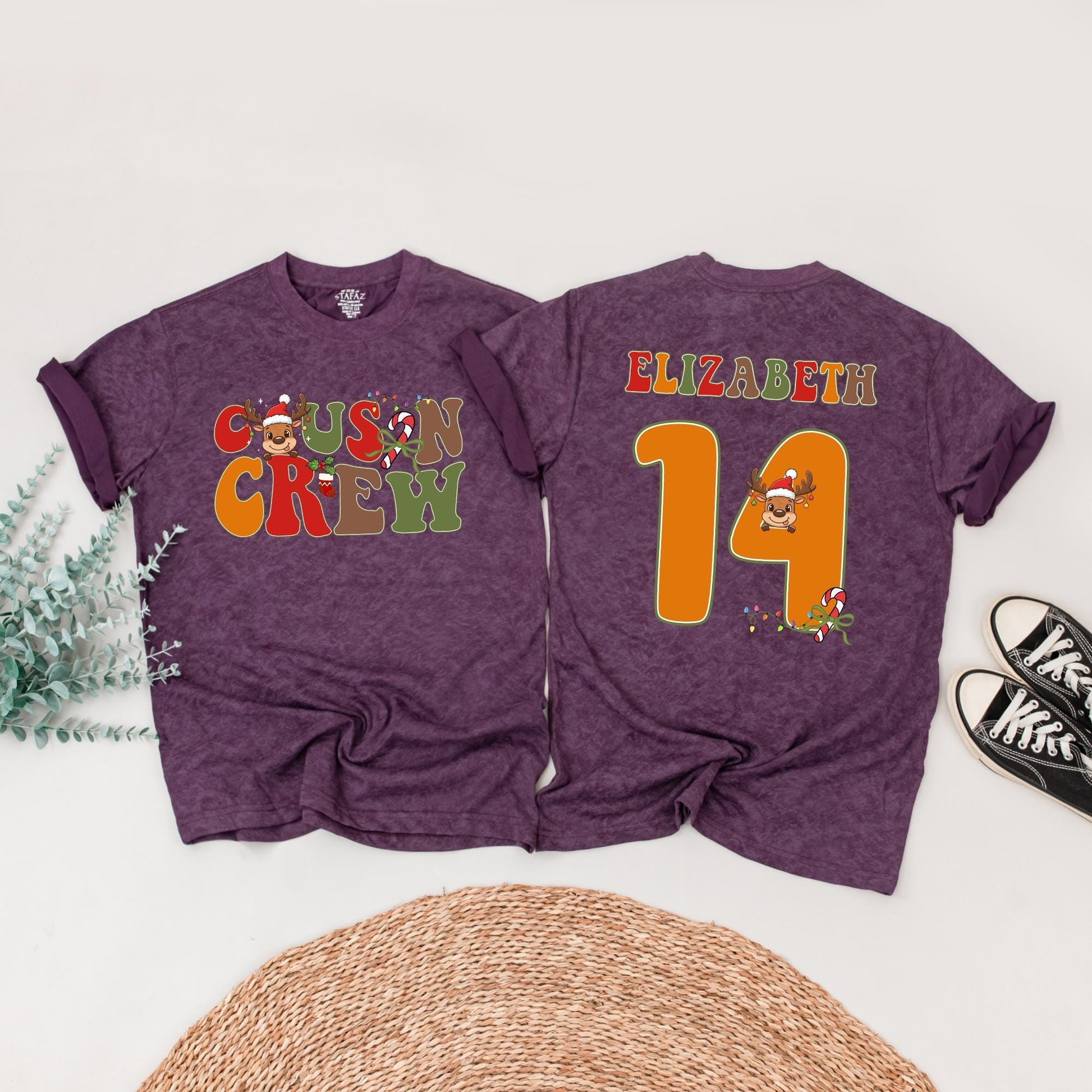 Personalized Cousin Crew Christmas Matching Shirts: Retro Reindeer Family Tees with Custom Names & Numbers - Festive Holiday Reunion Outfits (138 chars)
