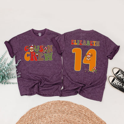 Personalized Cousin Crew Christmas Matching Shirts: Retro Reindeer Family Tees with Custom Names & Numbers - Festive Holiday Reunion Outfits (138 chars)