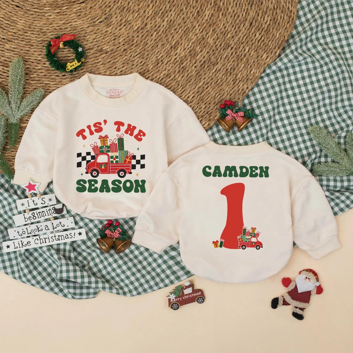 Custom Tis The Season Vintage Red Truck Christmas Baby Romper Personalized Camden Name First Birthday Outfit Boy Gift