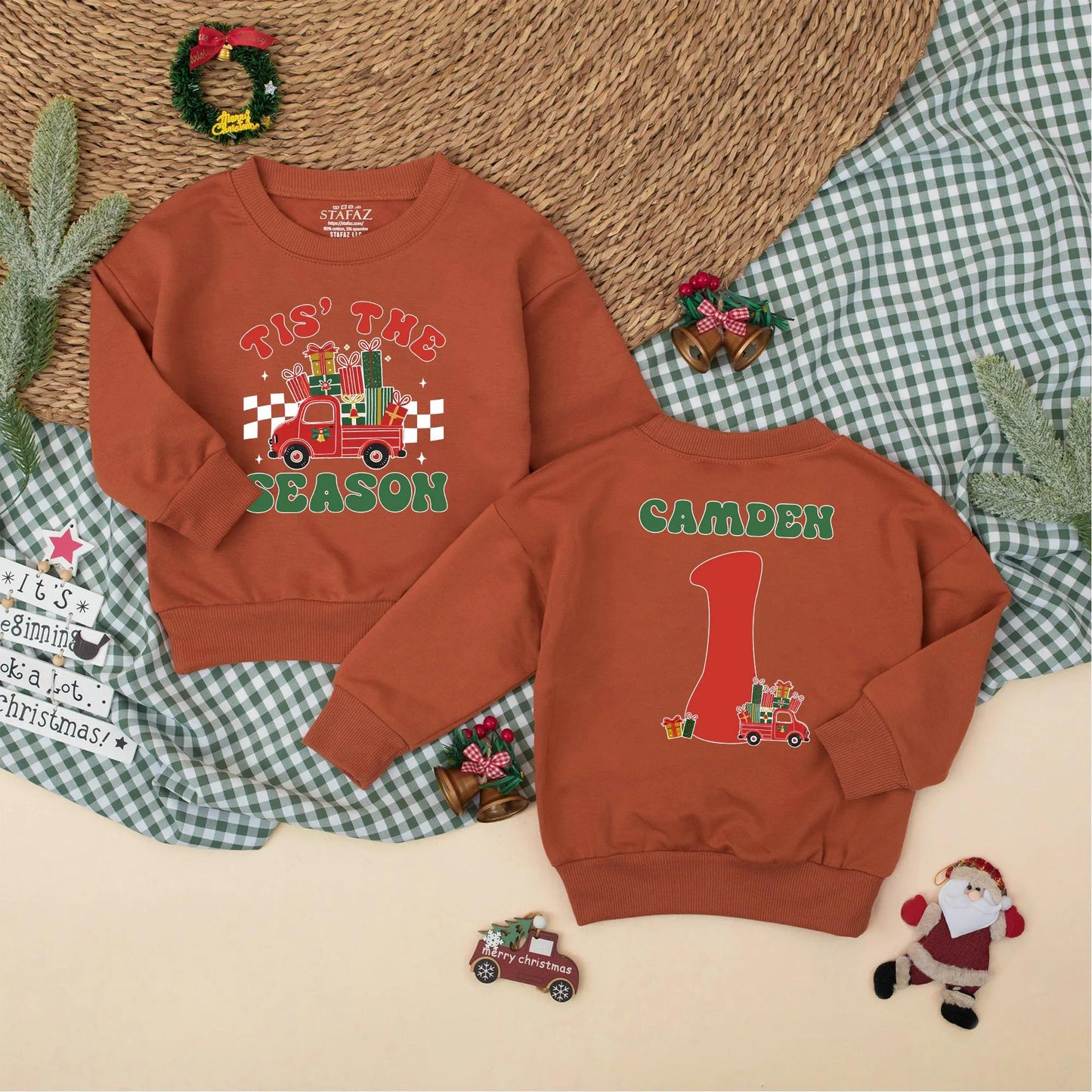 Custom Tis The Season Vintage Red Truck Christmas Baby Romper Personalized Camden Name First Birthday Outfit Boy Gift