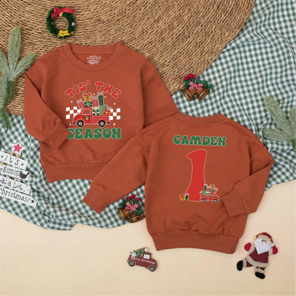Custom Tis The Season Vintage Red Truck Christmas Baby Romper Personalized Camden Name First Birthday Outfit Boy Gift