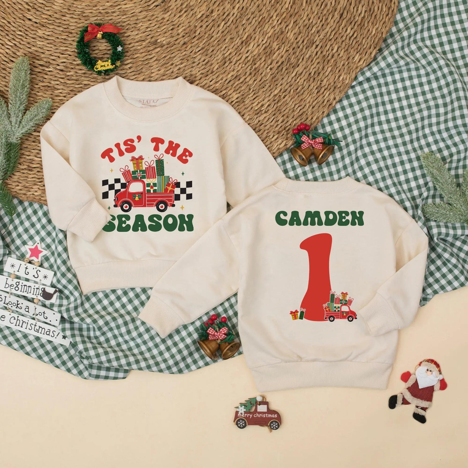 Custom Tis The Season Vintage Red Truck Christmas Baby Romper Personalized Camden Name First Birthday Outfit Boy Gift
