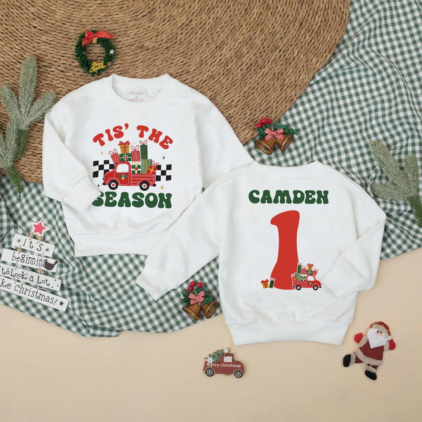 Custom Tis The Season Vintage Red Truck Christmas Baby Romper Personalized Camden Name First Birthday Outfit Boy Gift