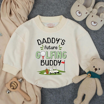 Daddy's Future Golfing Buddy Baby Romper Cute Golf Baby Shower Gift Infant Toddler Sports Clothes Green Checkered Text Golf Ball Flag Cart