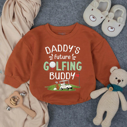 Daddy's Future Golfing Buddy Baby Romper Cute Golf Baby Shower Gift Infant Toddler Sports Clothes Green Checkered Text Golf Ball Flag Cart