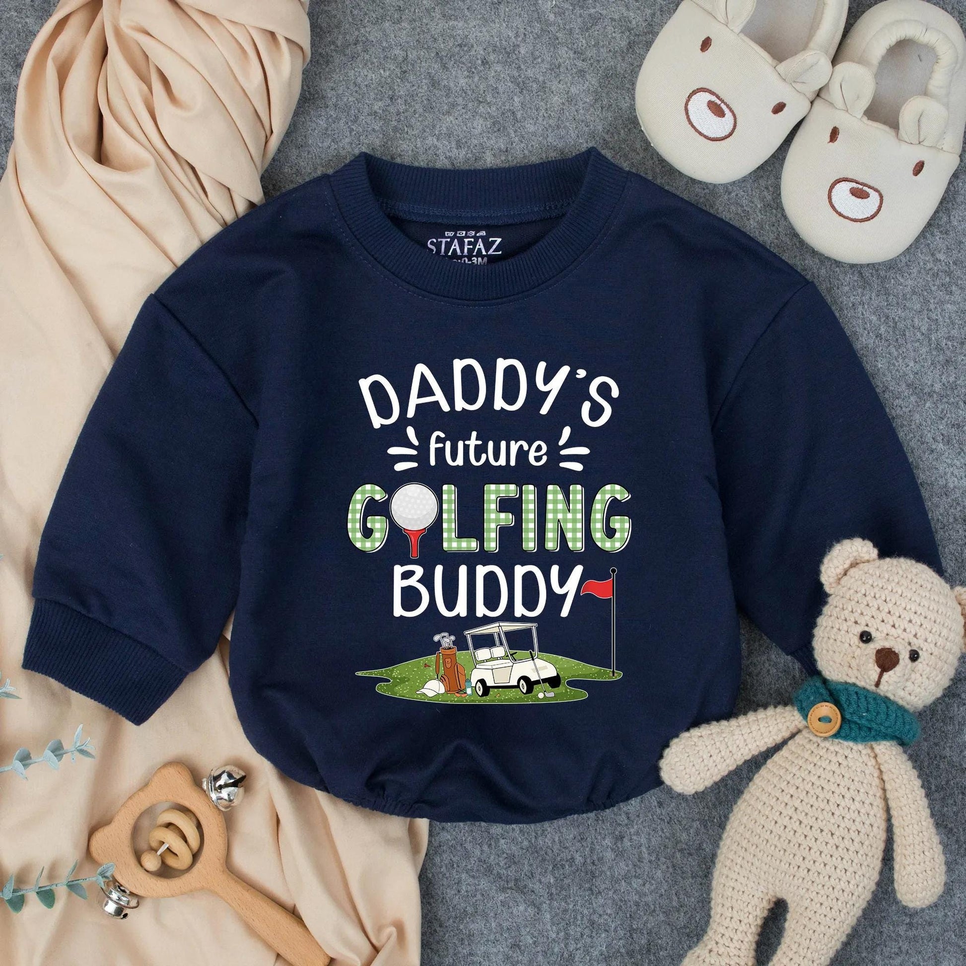 Daddy's Future Golfing Buddy Baby Romper Cute Golf Baby Shower Gift Infant Toddler Sports Clothes Green Checkered Text Golf Ball Flag Cart