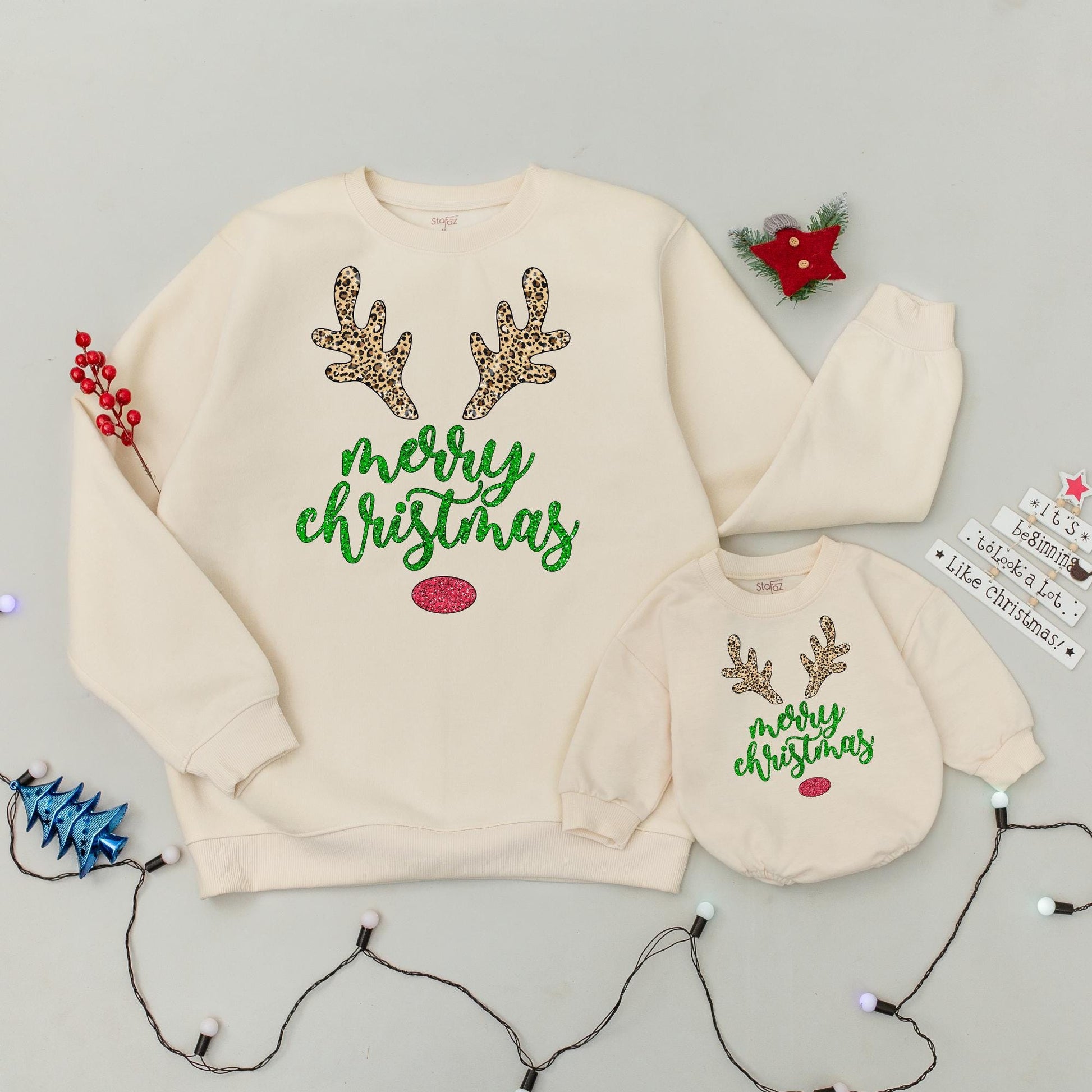 Matching Family Merry Christmas Reindeer Crewneck Sweatshirts Xmas Gift Winter Holiday Outfit for Everyone