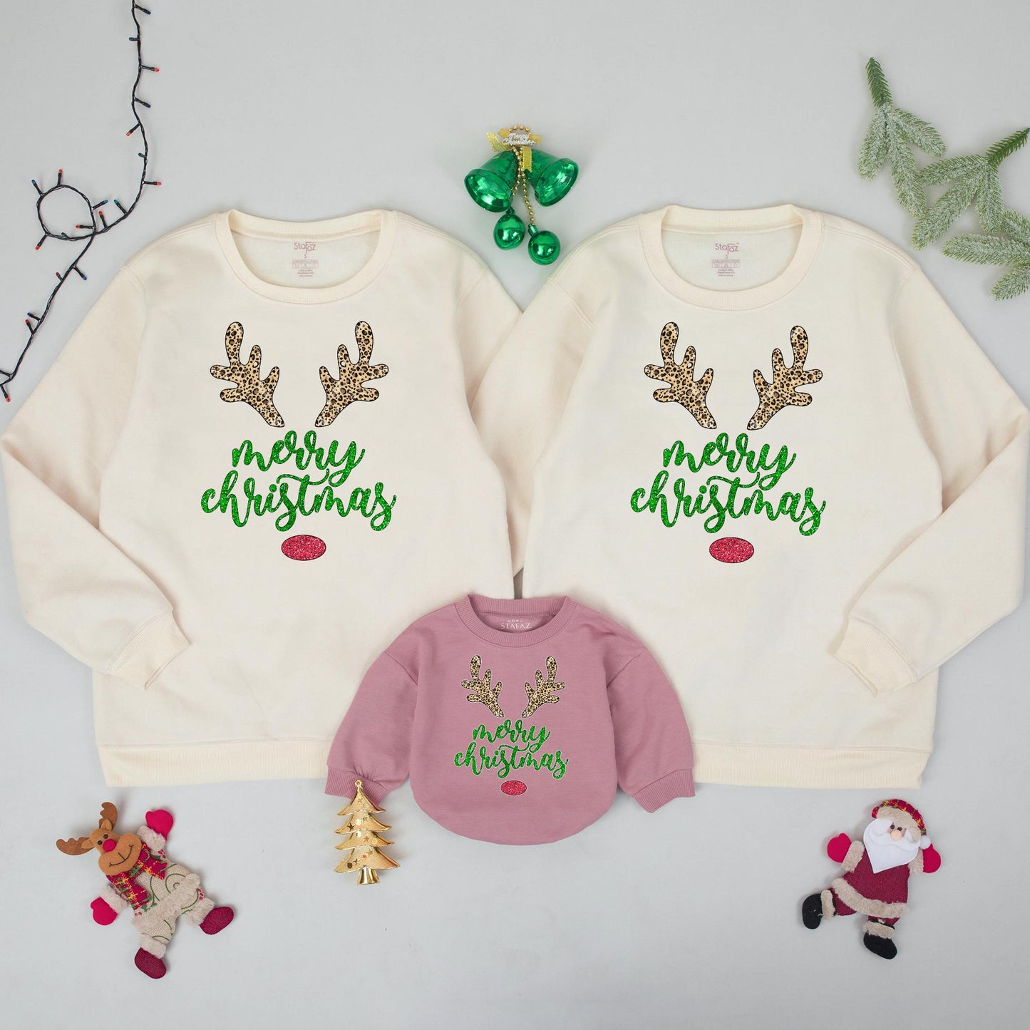 Matching Family Merry Christmas Reindeer Crewneck Sweatshirts Xmas Gift Winter Holiday Outfit for Everyone