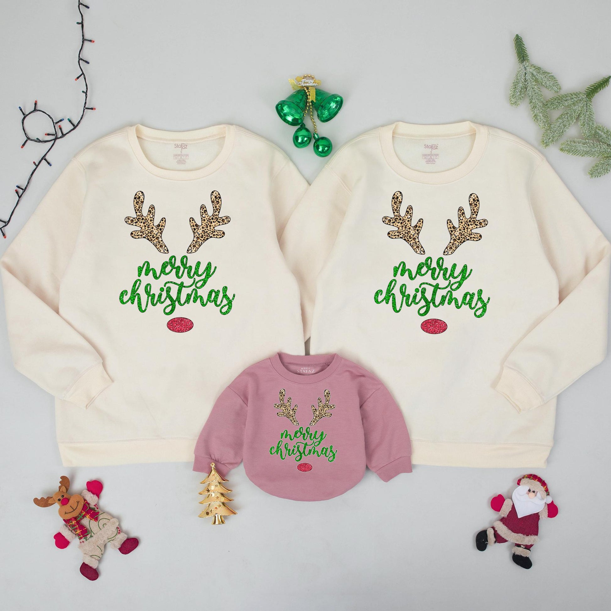 Matching Family Merry Christmas Reindeer Crewneck Sweatshirts Xmas Gift Winter Holiday Outfit for Everyone