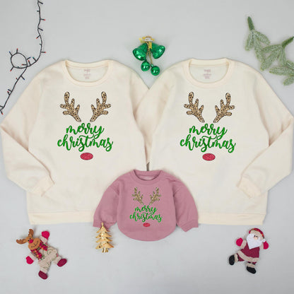 Matching Family Merry Christmas Reindeer Crewneck Sweatshirts Xmas Gift Winter Holiday Outfit for Everyone