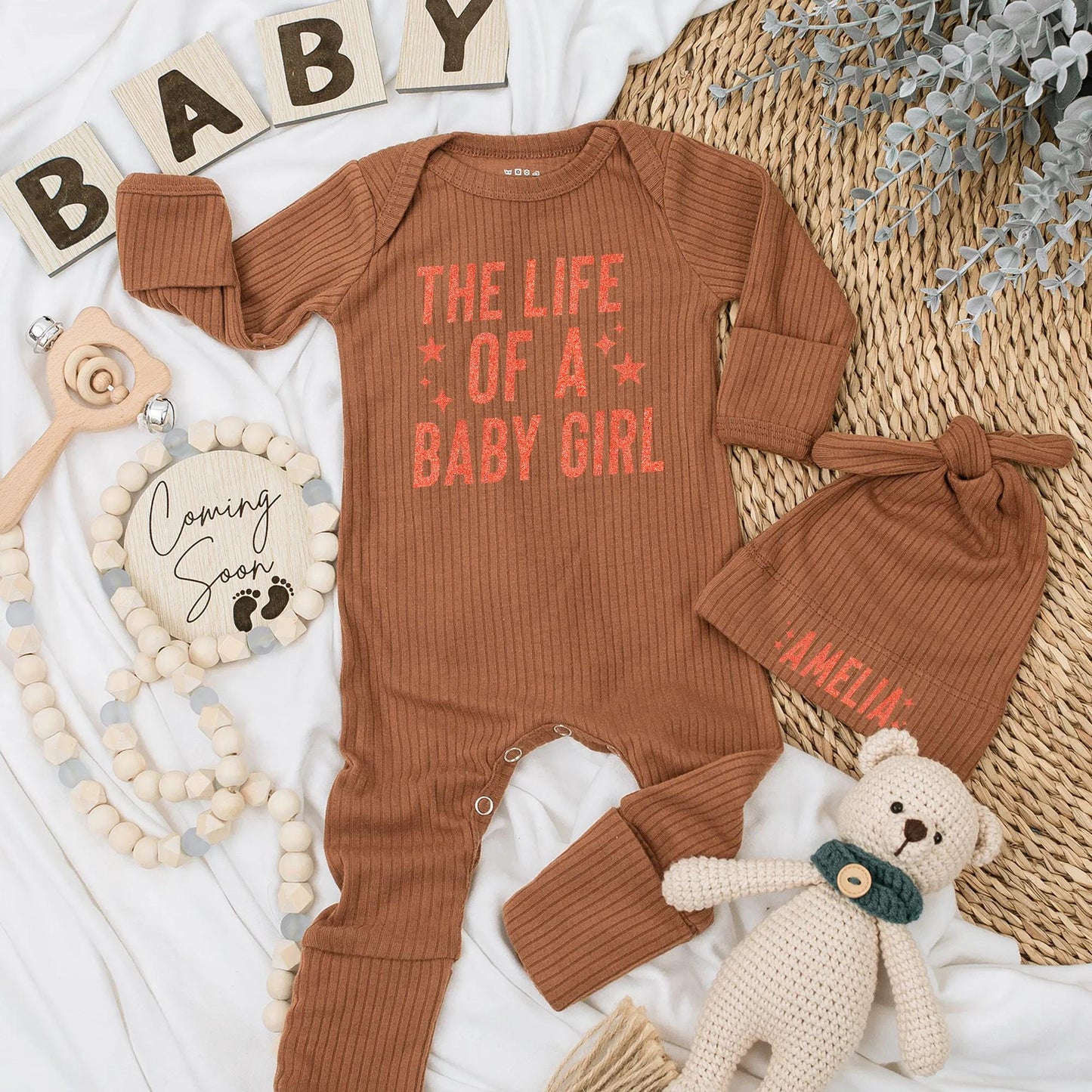 Personalized Baby Girl Bodysuit The Life of a Baby Girl Newborn Romper Custom Name Outfit with Red Stars and Handwritten Font Soft Coming Home Gift