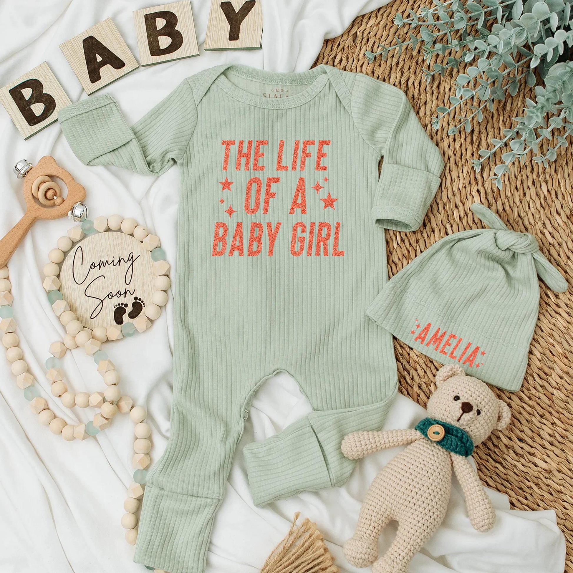 Personalized Baby Girl Bodysuit The Life of a Baby Girl Newborn Romper Custom Name Outfit with Red Stars and Handwritten Font Soft Coming Home Gift