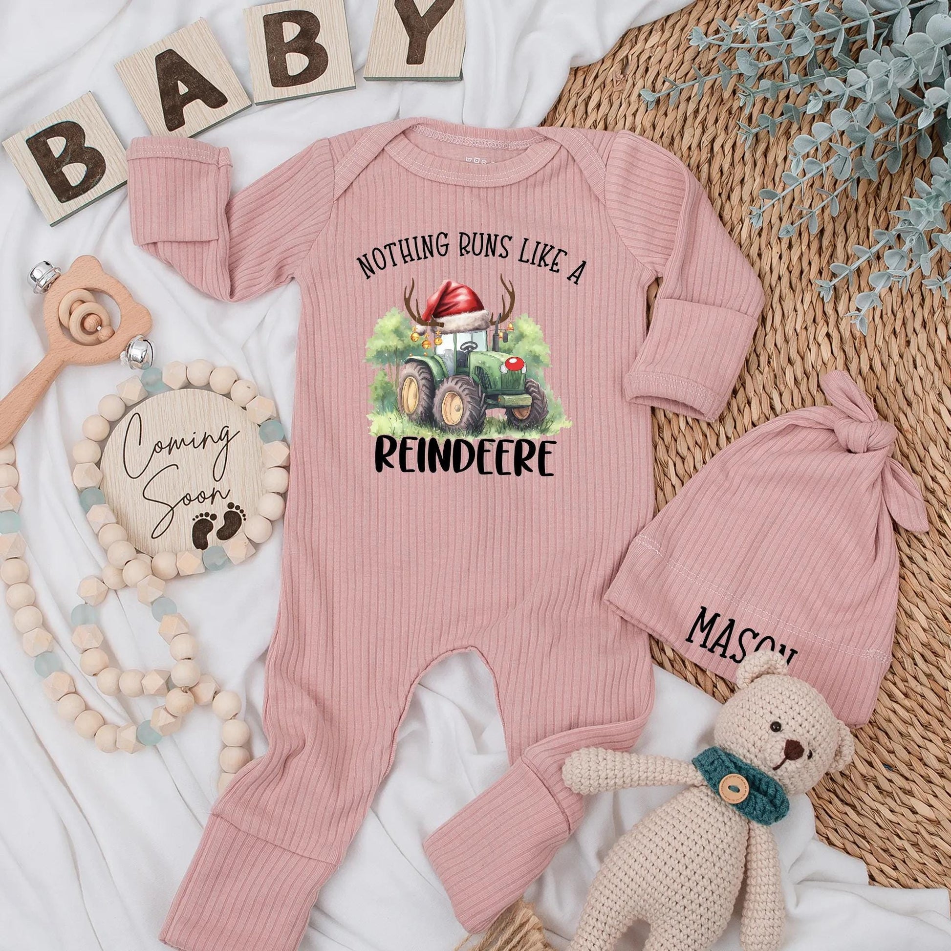 Reindeer Tractor Christmas Baby Bodysuit, Farm Holiday Outfit for Baby Boy, Cute Newborn Reindeer Clothes, Custom Name Romper Gift 130-140 characters