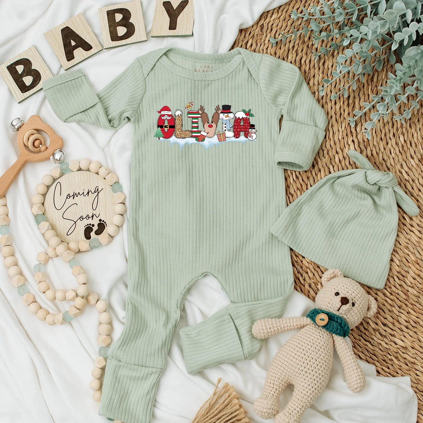 Personalized Christmas Baby Bodysuit Santa Reindeer Outfit Custom Name Newborn Clothes Xmas Holiday Gift Cute First Christmas Keepsake Reveal Clothes 137