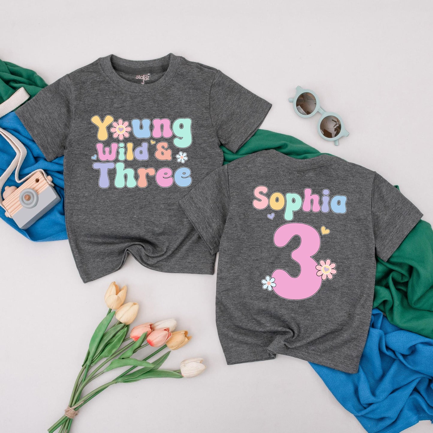 Personalized Young Wild & Three Birthday T-Shirt Groovy 3rd Birthday Girl Outfit Toddler Tee with Pink Bow Comfortable Cotton Gift Idea for Three Year Old