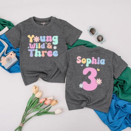 Personalized Young Wild & Three Birthday T-Shirt Groovy 3rd Birthday Girl Outfit Toddler Tee with Pink Bow Comfortable Cotton Gift Idea for Three Year Old