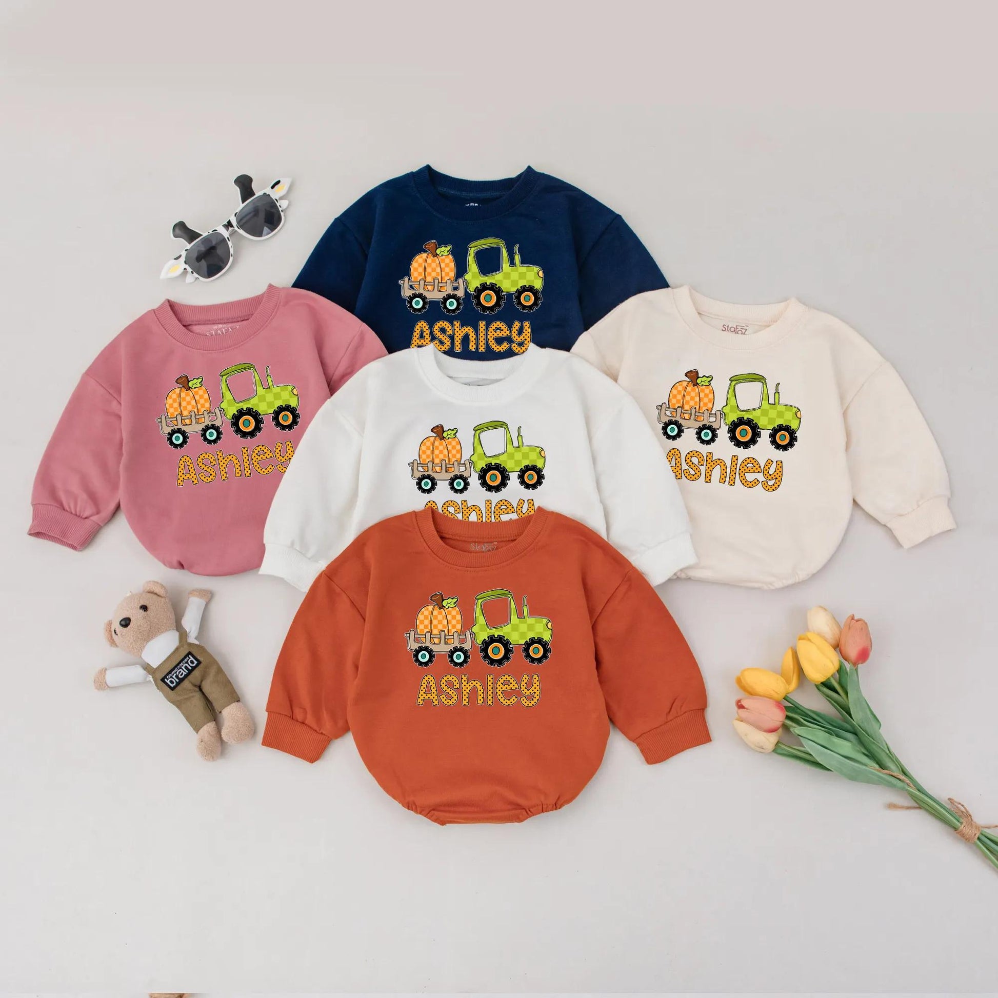 Ashley Pumpkin Tractor Bubble Romper Baby Girl Fall Outfit Personalized Thanksgiving Bodysuit Custom Name Autumn Newborn Gift