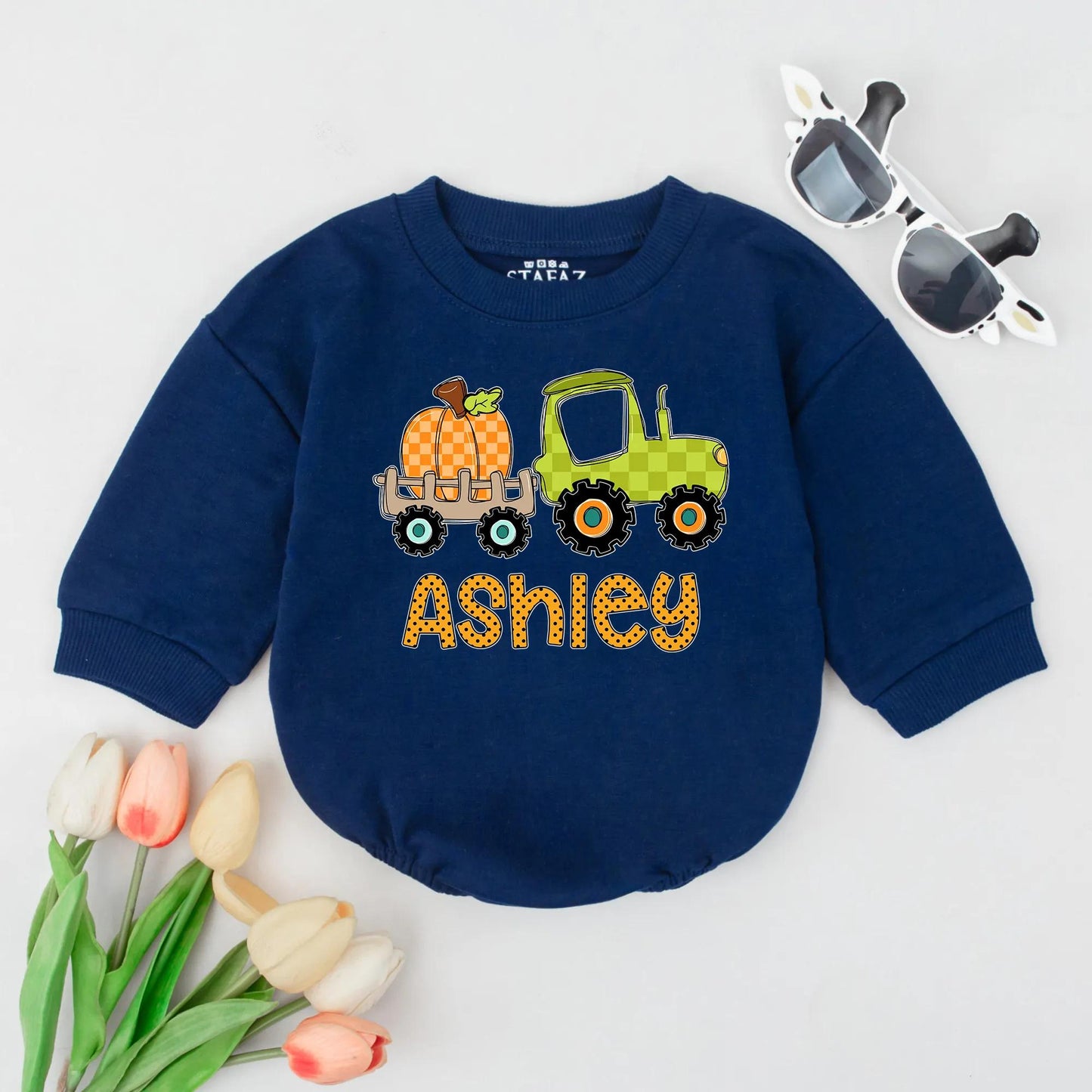 Ashley Pumpkin Tractor Bubble Romper Baby Girl Fall Outfit Personalized Thanksgiving Bodysuit Custom Name Autumn Newborn Gift