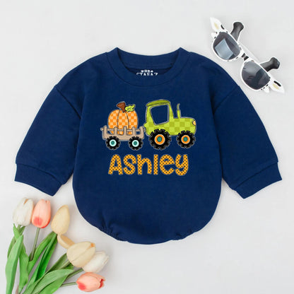 Ashley Pumpkin Tractor Bubble Romper Baby Girl Fall Outfit Personalized Thanksgiving Bodysuit Custom Name Autumn Newborn Gift