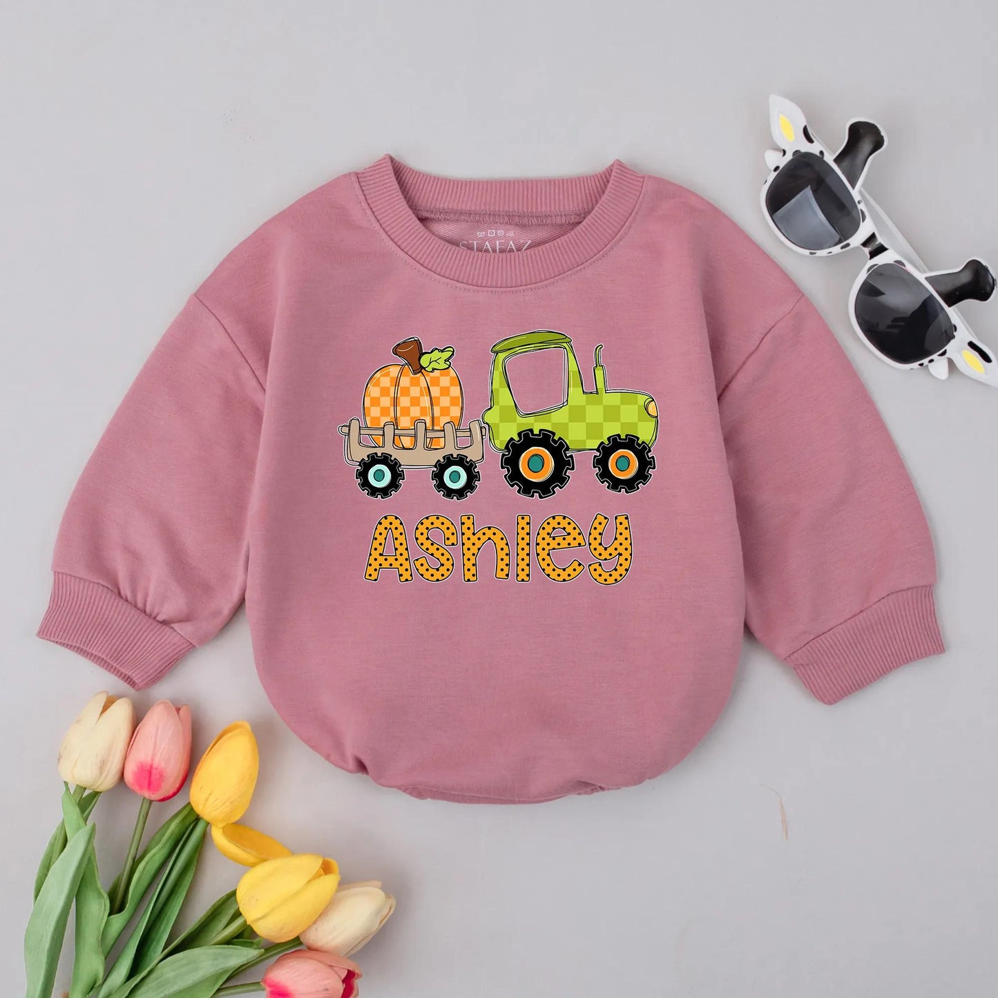 Ashley Pumpkin Tractor Bubble Romper Baby Girl Fall Outfit Personalized Thanksgiving Bodysuit Custom Name Autumn Newborn Gift